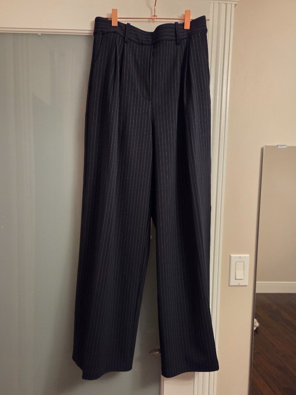 Wide-Leg Pinstripe Trousers - Black - Picture 8 of 9